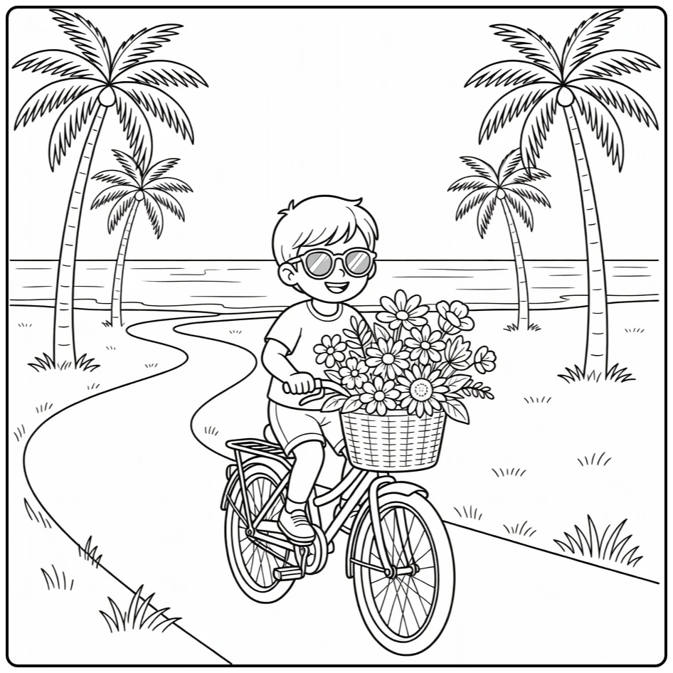 Summer Child on Bicycle at Coast with Sunglasses Flowers coloring page