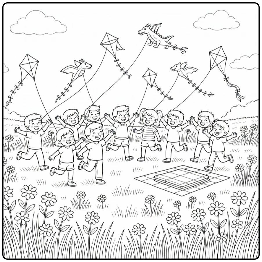 Summer Children with Kites on Meadow Daisies coloring page