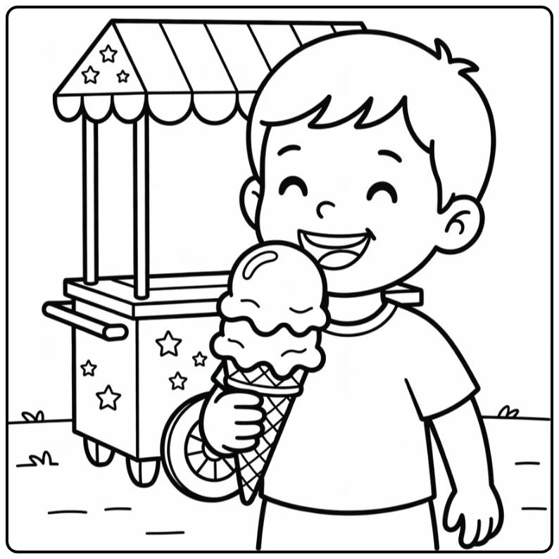 Summer Smiling Child with Cone and Ice Cream Stand coloring page