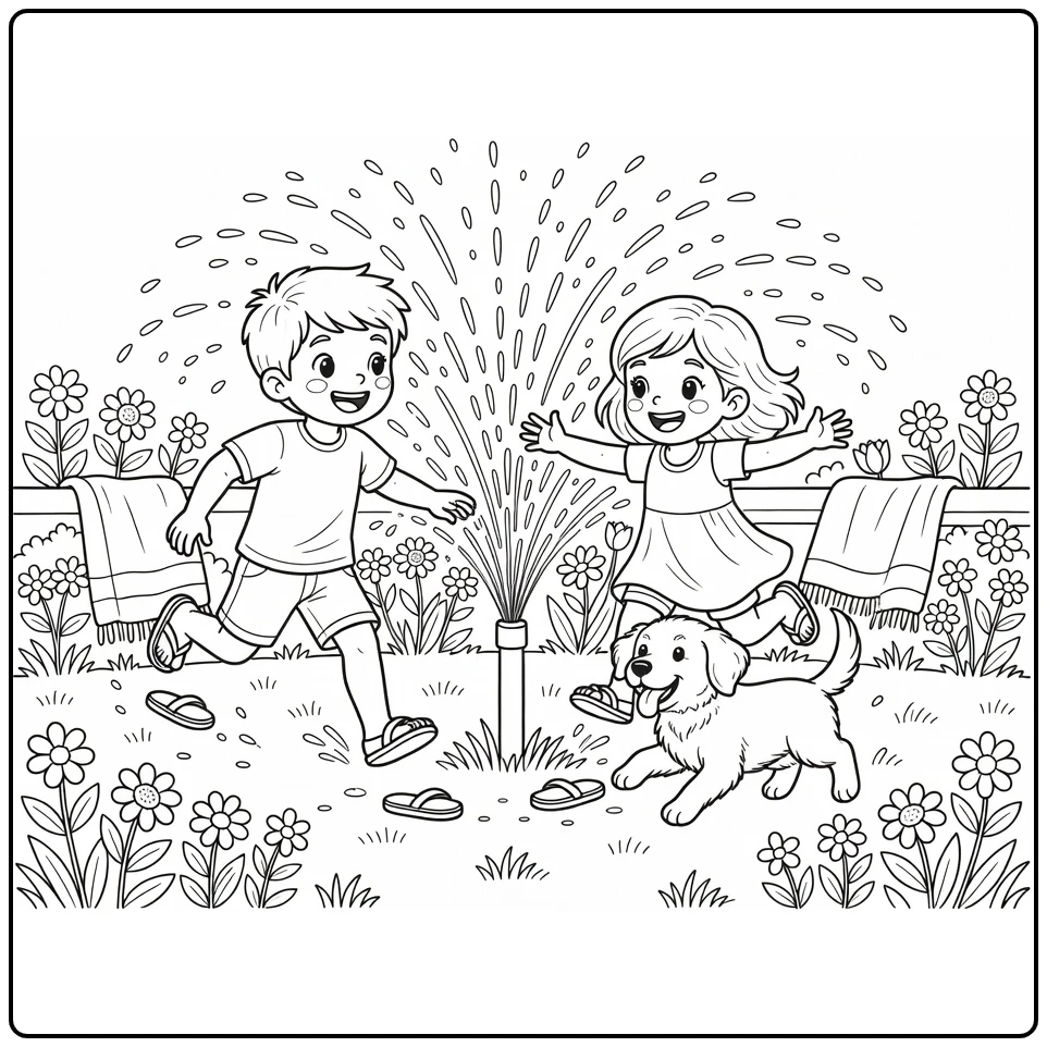 Summer with Running Children Puppy and Flowers coloring page