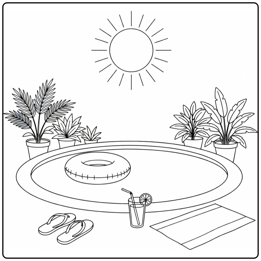 Summer Relaxing Pool Scene with Towel Plants and Sun coloring page