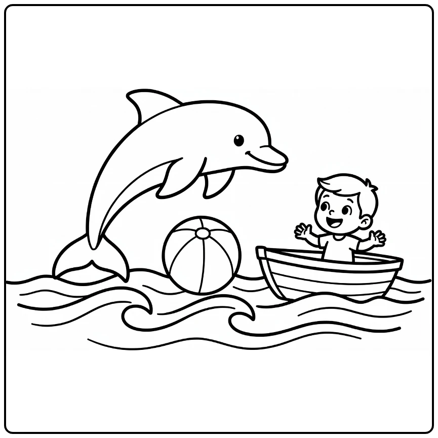 Summer Cute Dolphin with Small Boat and Ball coloring page