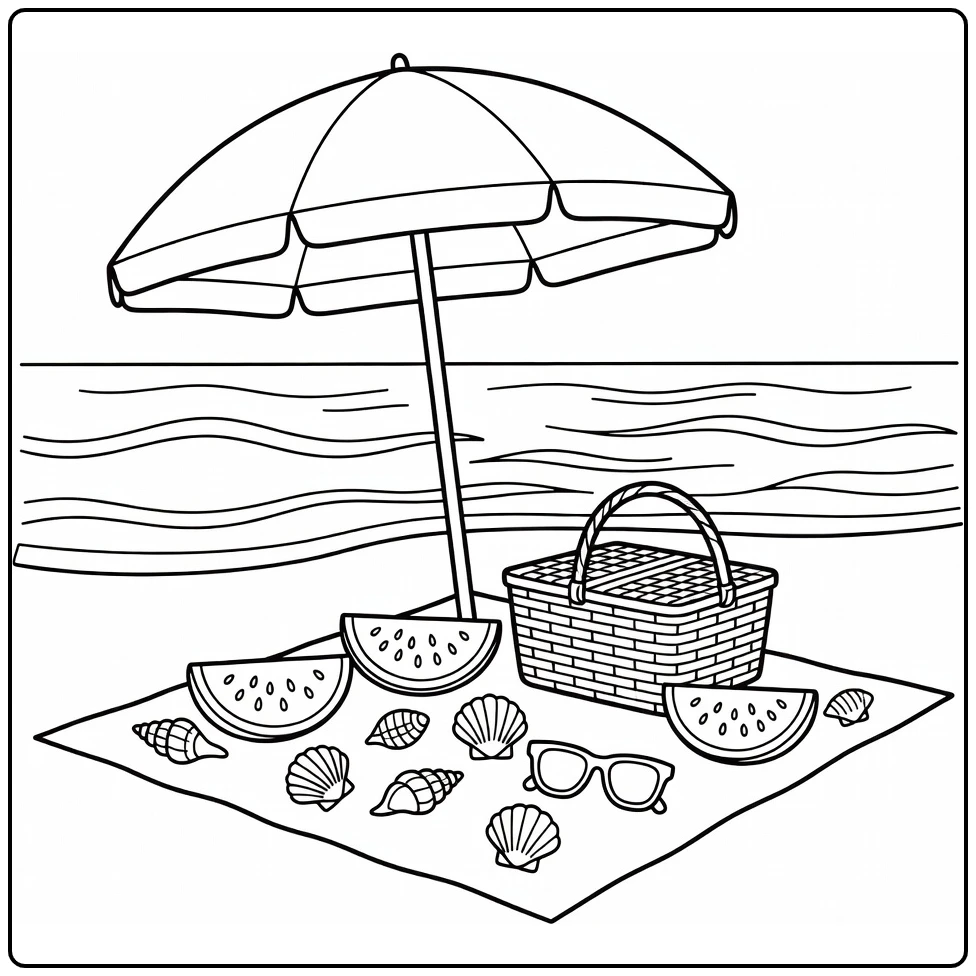 Summer Beach Picnic with Watermelon coloring page