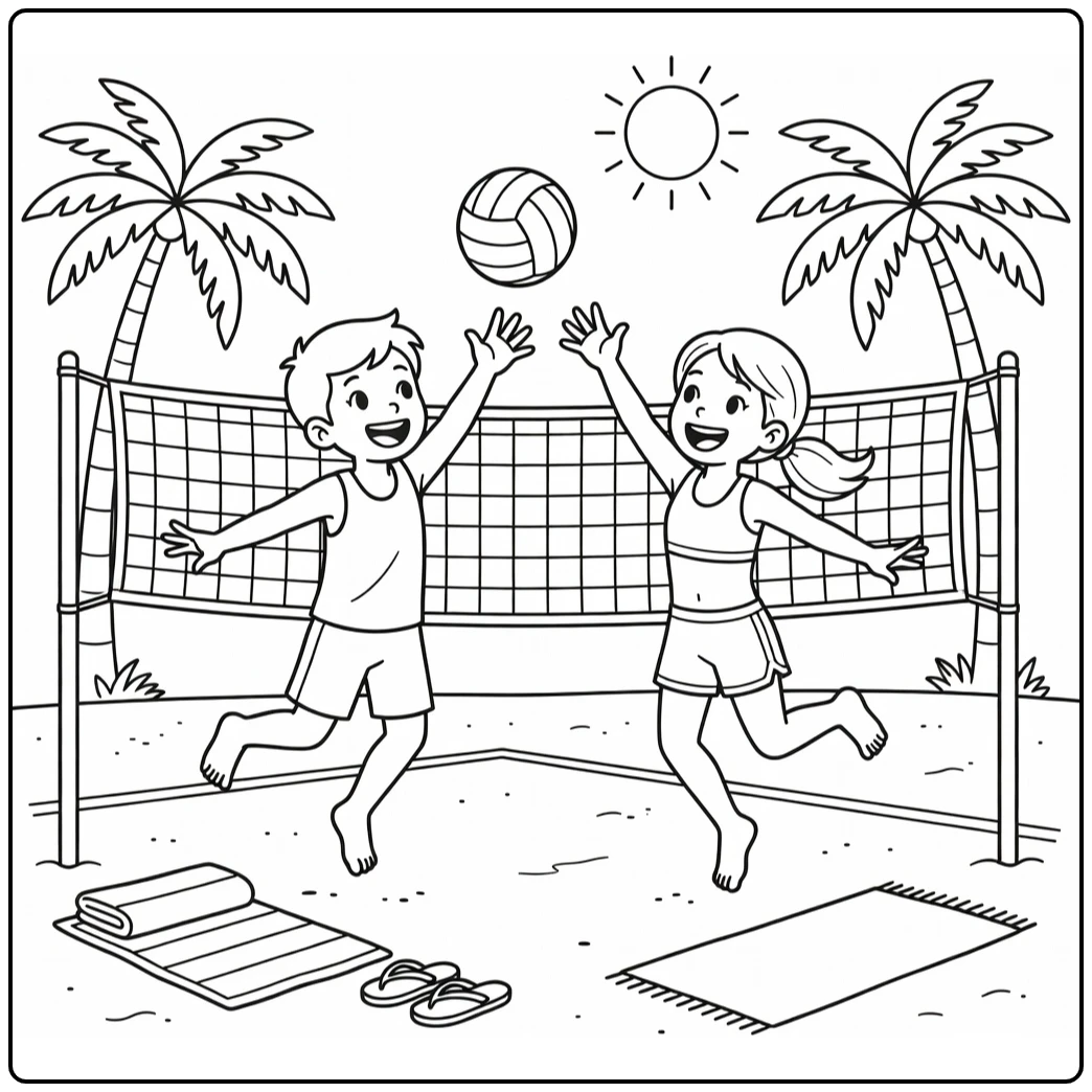 summer coloring page with children playing beach volleyball