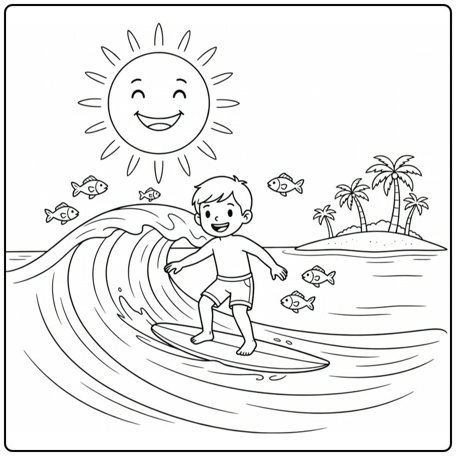 Summer Surfing Child with Smiling Sun coloring page
