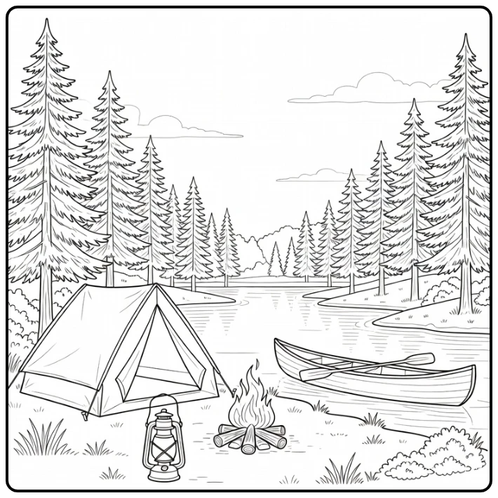 Summer Peacefully Camping at Lake with Pine Trees and Lantaarn coloring page