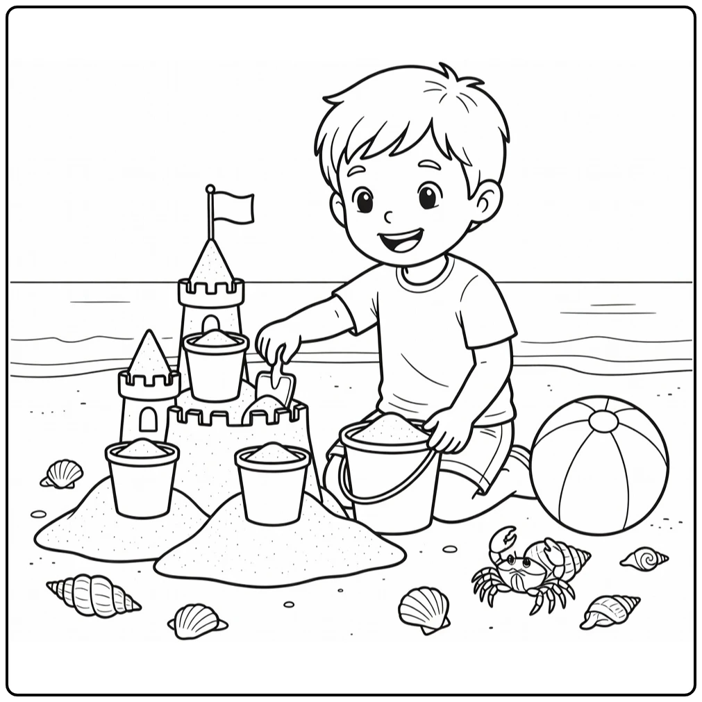 Summer Cheerful Child with Sand Castle Bucket and Crab on Beach coloring page