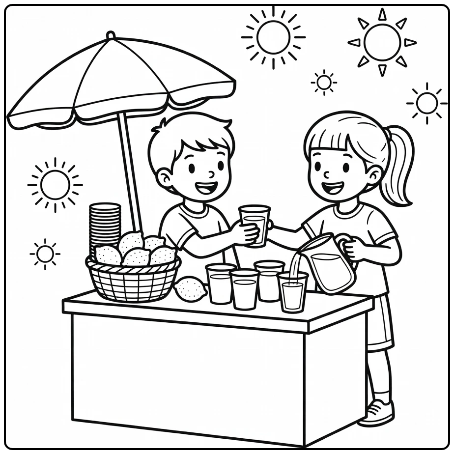 Summer Cheerful Lemonade Stand with Children coloring page