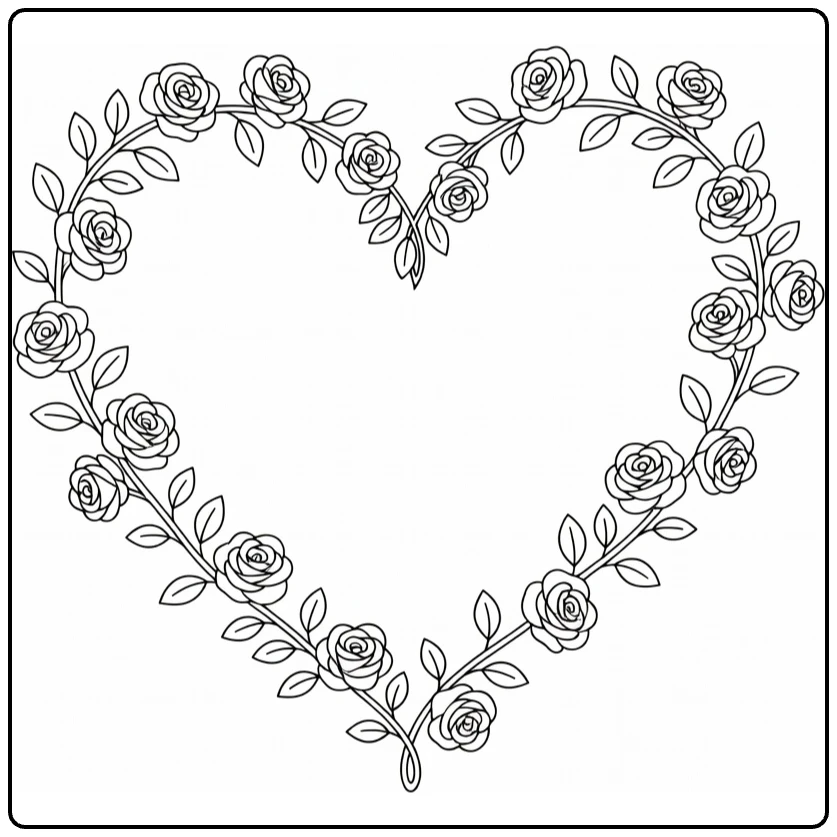 Climbing rose coloring page showing a heart frame made of roses