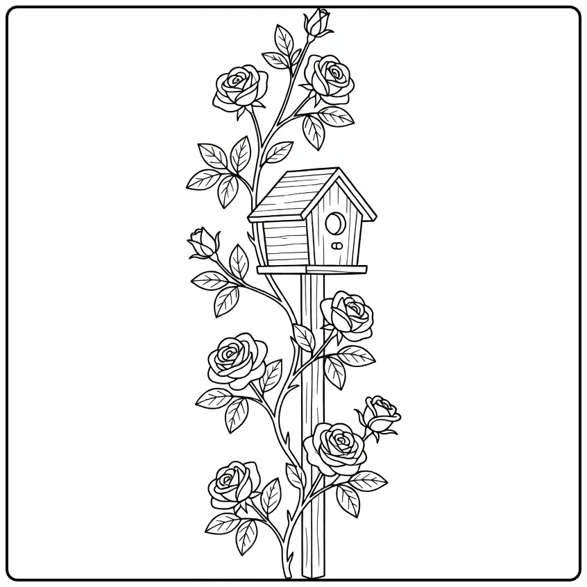 Climbing rose coloring page featuring flowers growing around a birdhouse