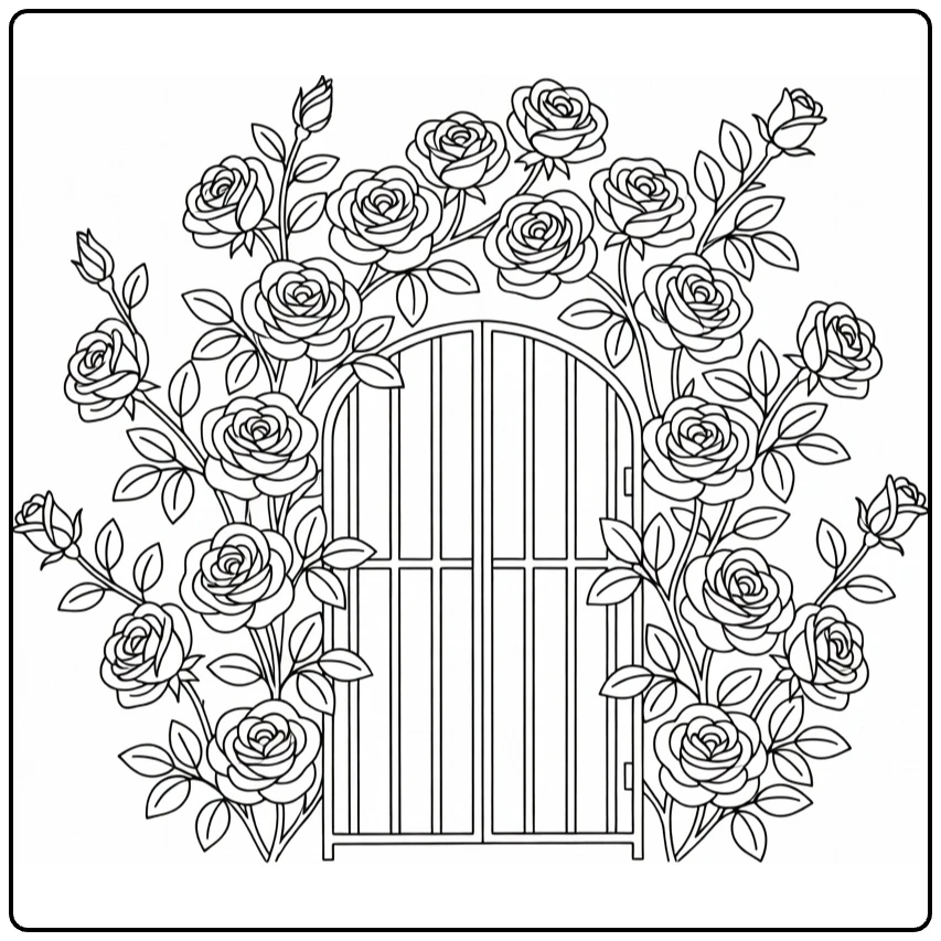 Climbing rose coloring page showing a gate surrounded by roses