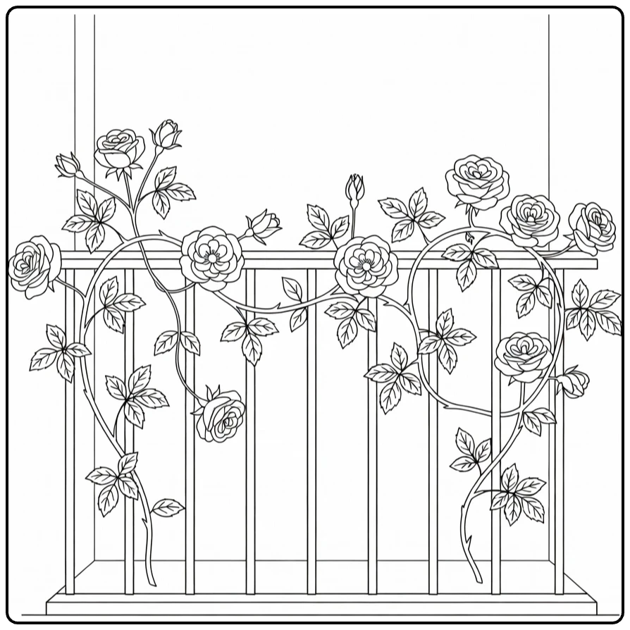 Climbing rose coloring page showing flowers along a balcony railing