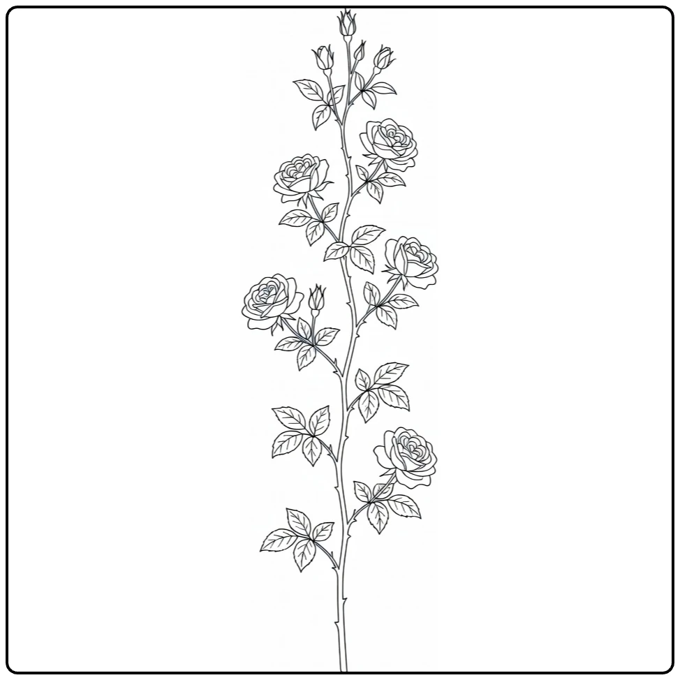 Climbing rose coloring page featuring blooms climbing a tall stake