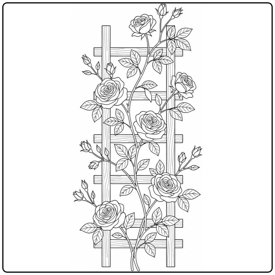 Climbing rose coloring page showing rose vines on a garden trellis