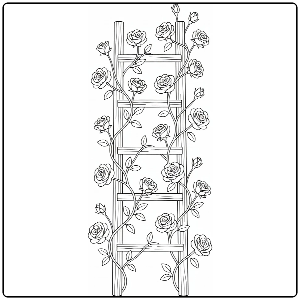 Climbing rose coloring page featuring a ladder wrapped in rose vines