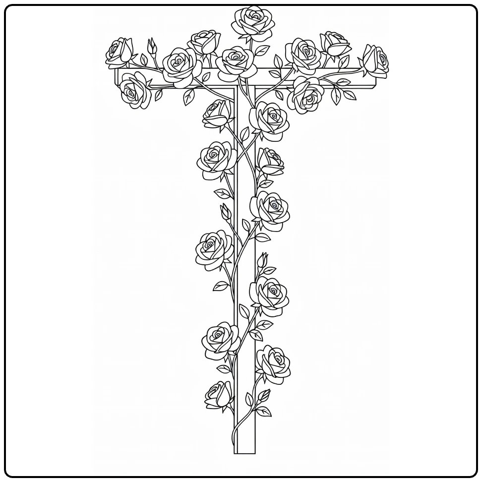 Climbing rose coloring page featuring flowers growing over a pergola