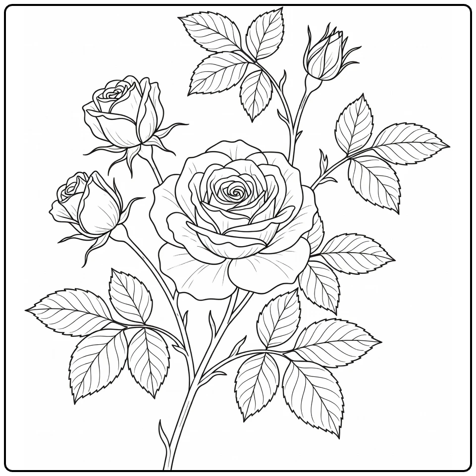 Climbing rose coloring page showing an open flower and rosebuds