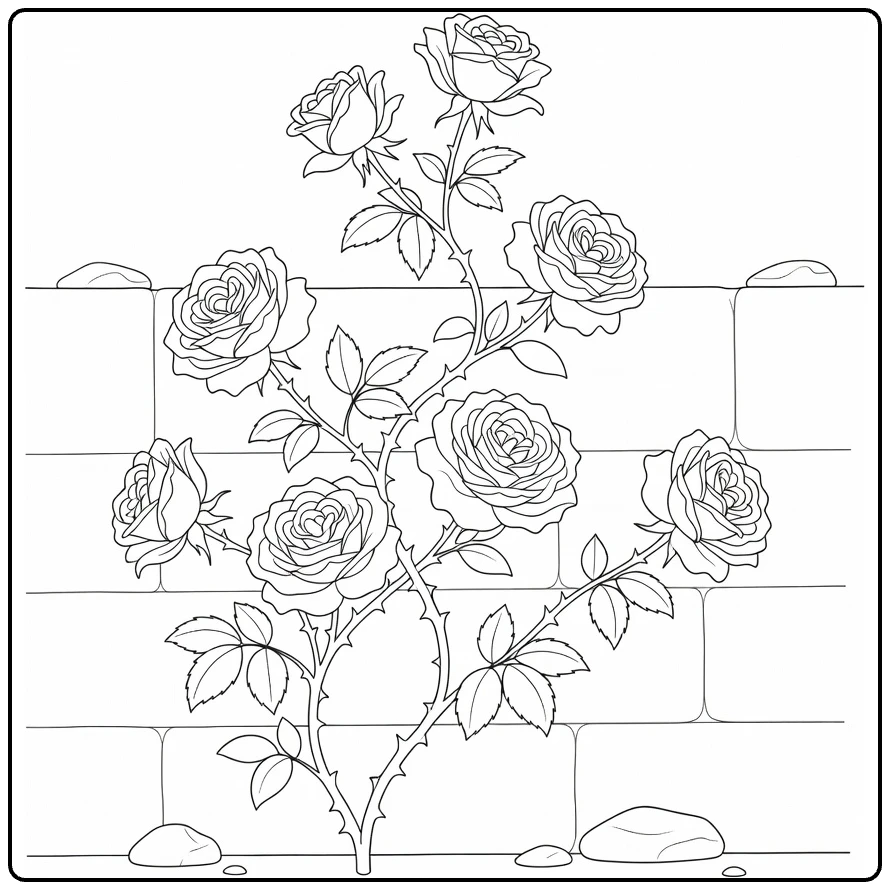 Climbing rose coloring page featuring rose vines against a stone wall