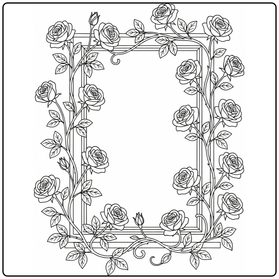 Climbing rose coloring page showing flowers around a window frame