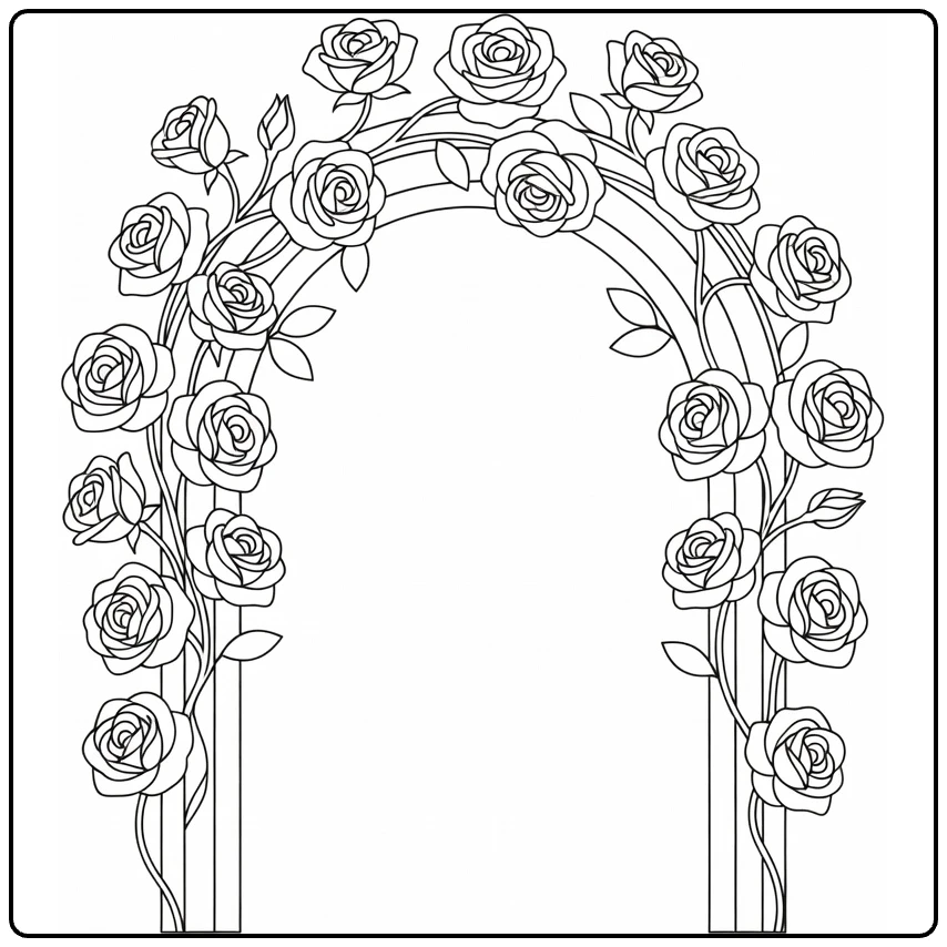 Climbing rose coloring page showing flowers over a garden arch