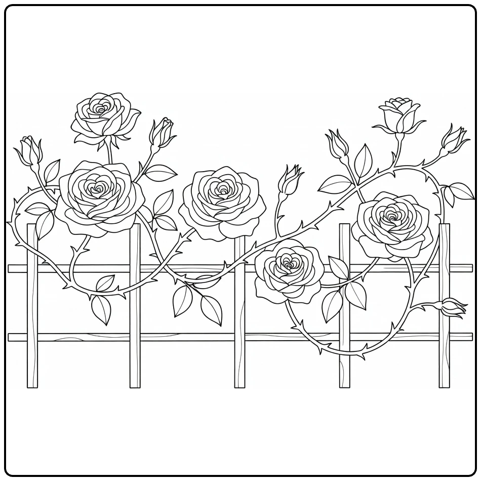 Climbing rose coloring page featuring blooms growing over a fence