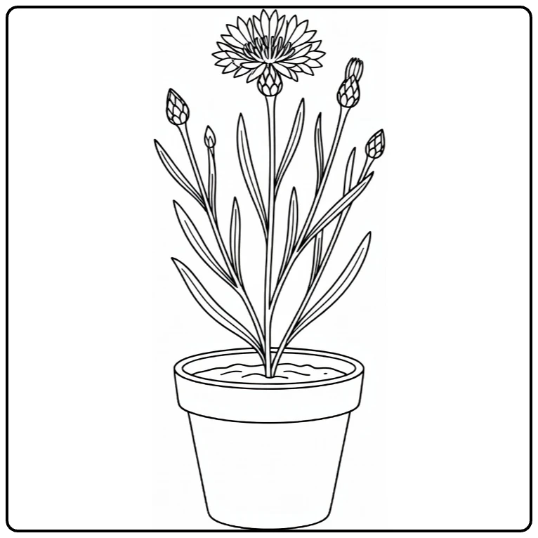 Cornflower coloring page featuring a flowering plant in a pot