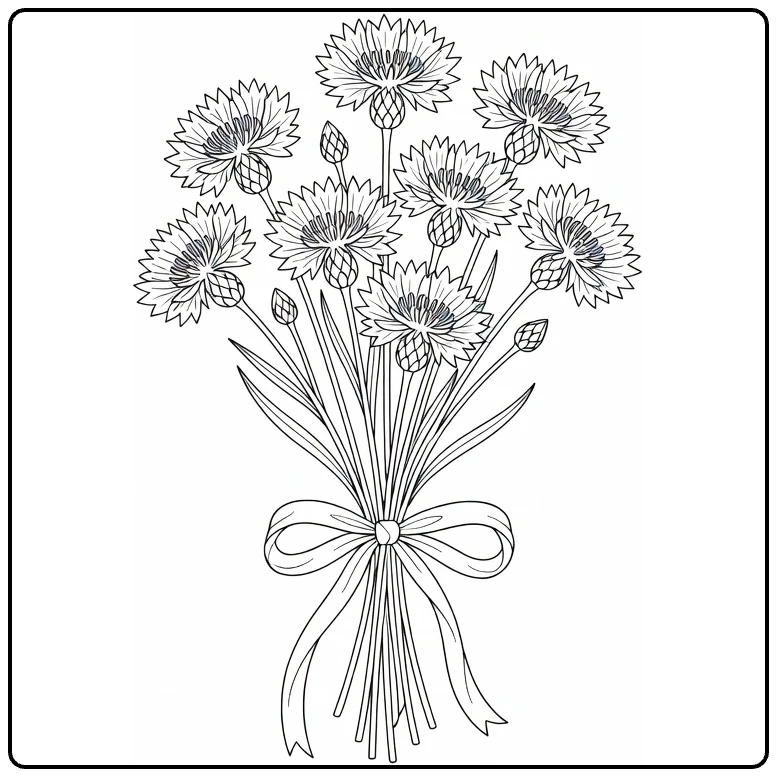 Cornflower coloring page showing a bouquet tied with ribbon