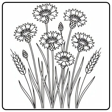 Cornflower coloring page featuring flowers with wheat stalks