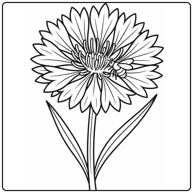 Cornflower coloring page showing a bee on a large flower