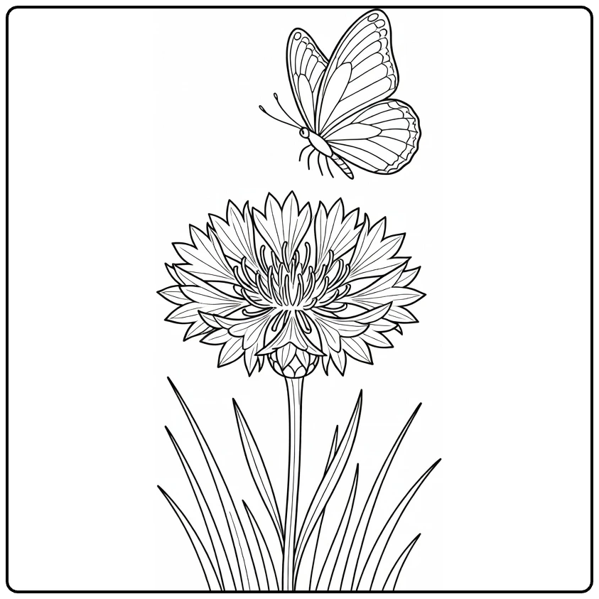 Cornflower coloring page showing a butterfly above the flower