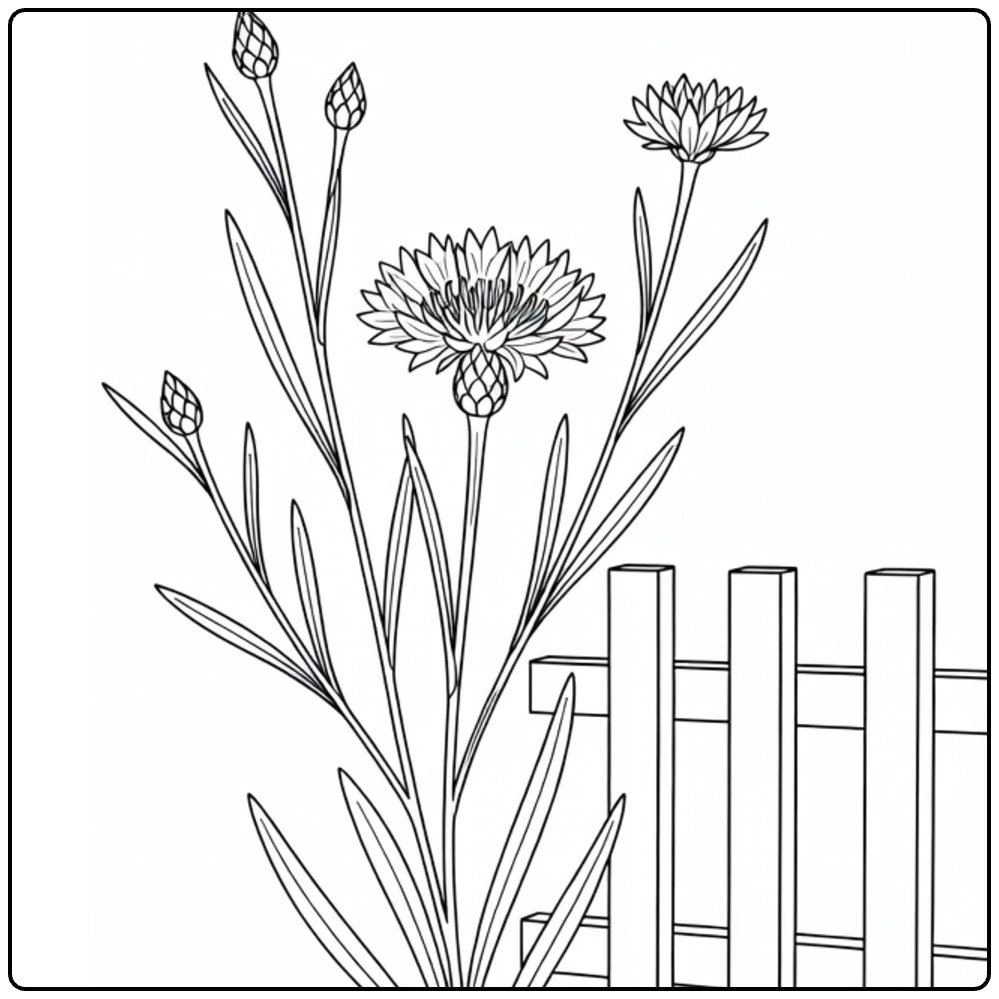 Cornflower coloring page showing flowers next to a wooden fence
