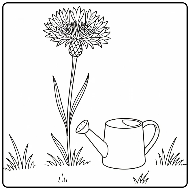 Cornflower coloring page featuring a flower beside a watering can