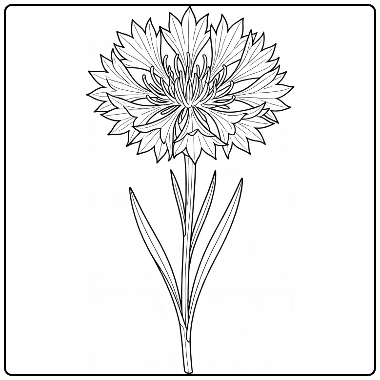 Cornflower coloring page featuring one blooming flower with narrow leaves