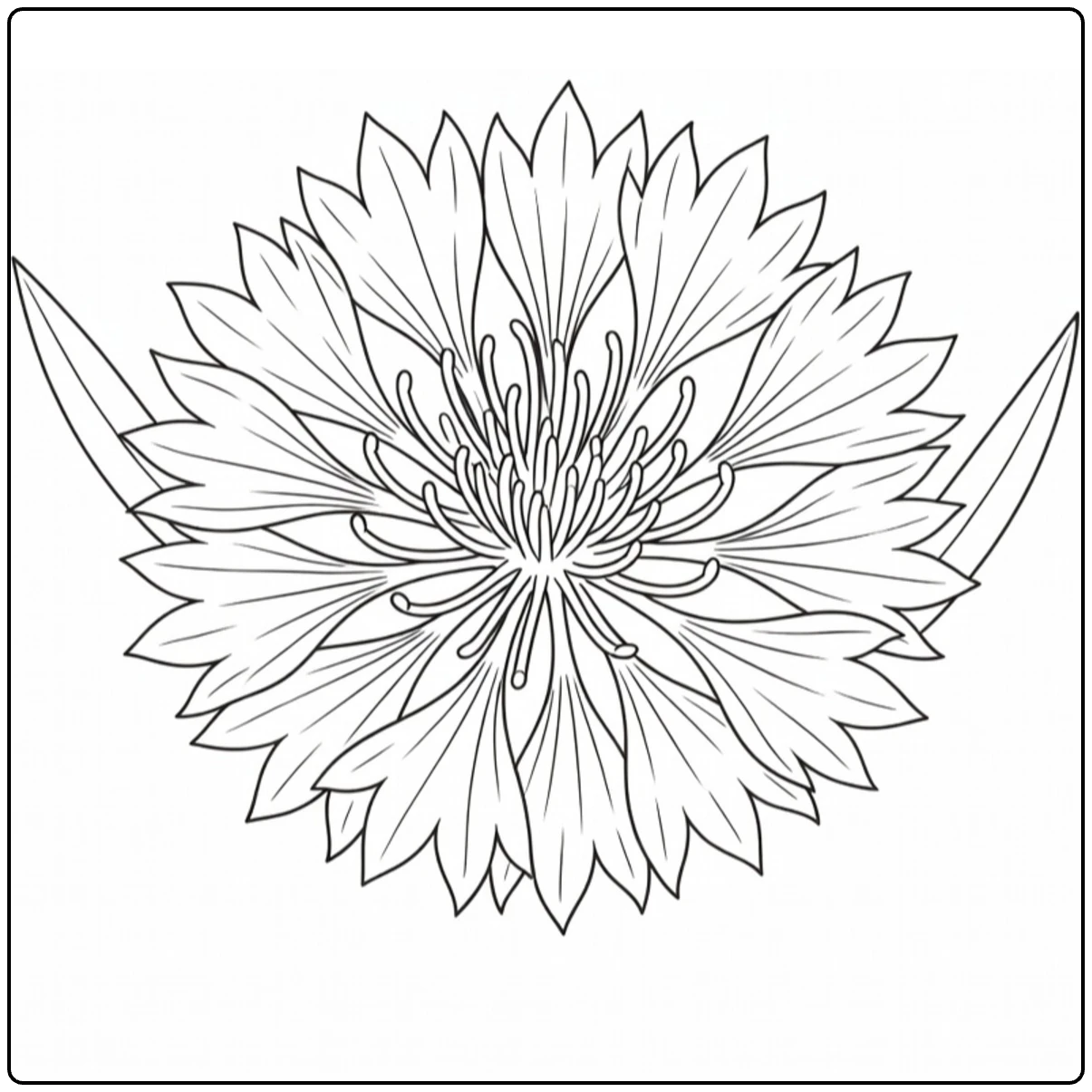 Close-up cornflower coloring page with delicate pointed petals