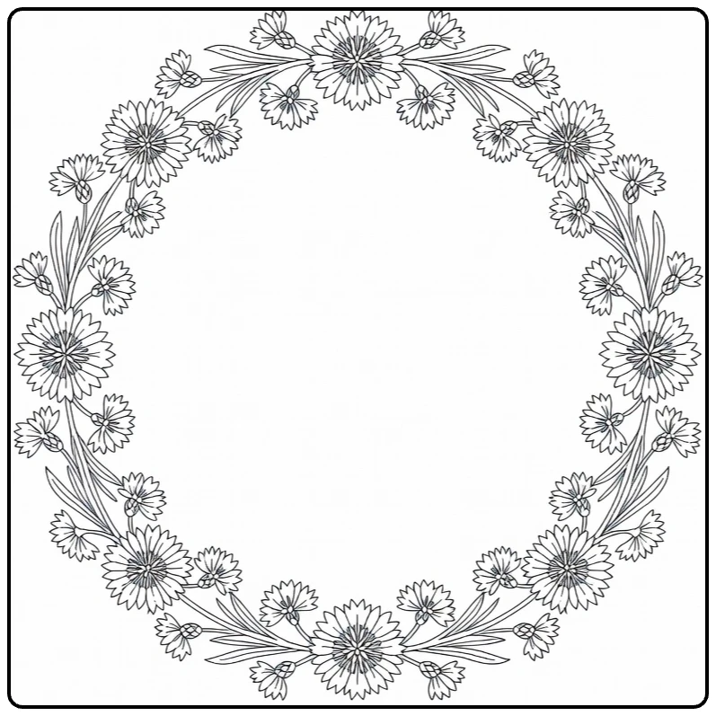 Cornflower coloring page featuring a round flower wreath
