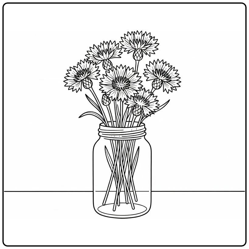 Cornflower coloring page showing flowers in a glass jar on a table