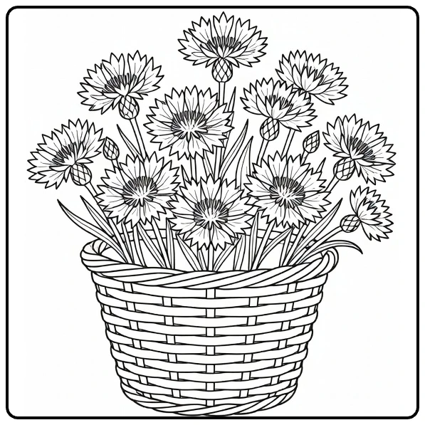 Cornflower coloring page featuring a basket full of flowers