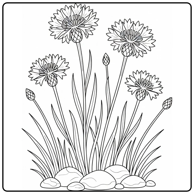 Cornflower coloring page showing three flowers with grass and stones