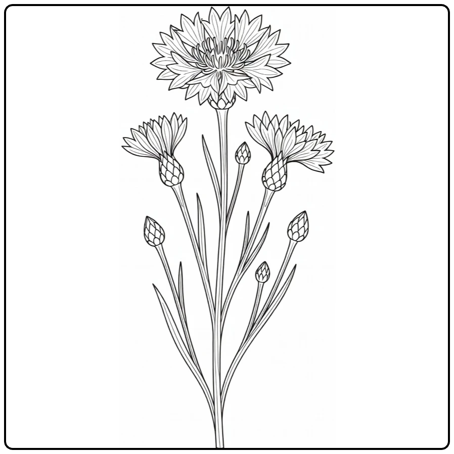 Cornflower coloring page featuring flowers and buds on one stem