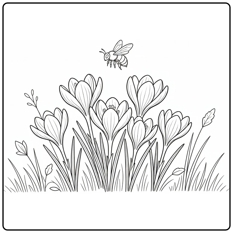 Crocus coloring page showing a bee above spring flowers