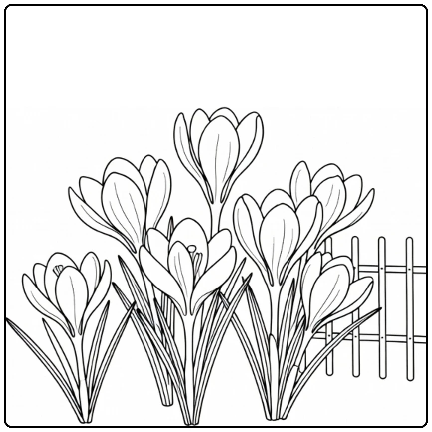 Crocus coloring page featuring flowers blooming beside a fence