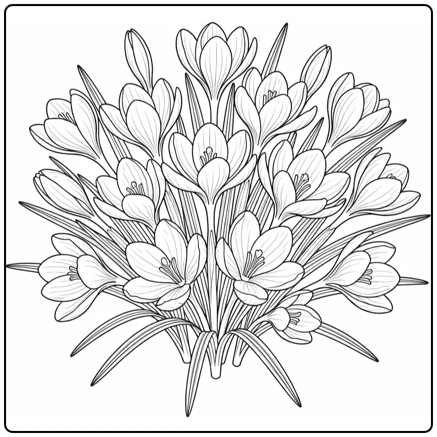 Crocus coloring page showing flowers in a circular arrangement