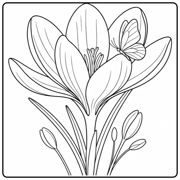 Crocus coloring page featuring a butterfly on a flower