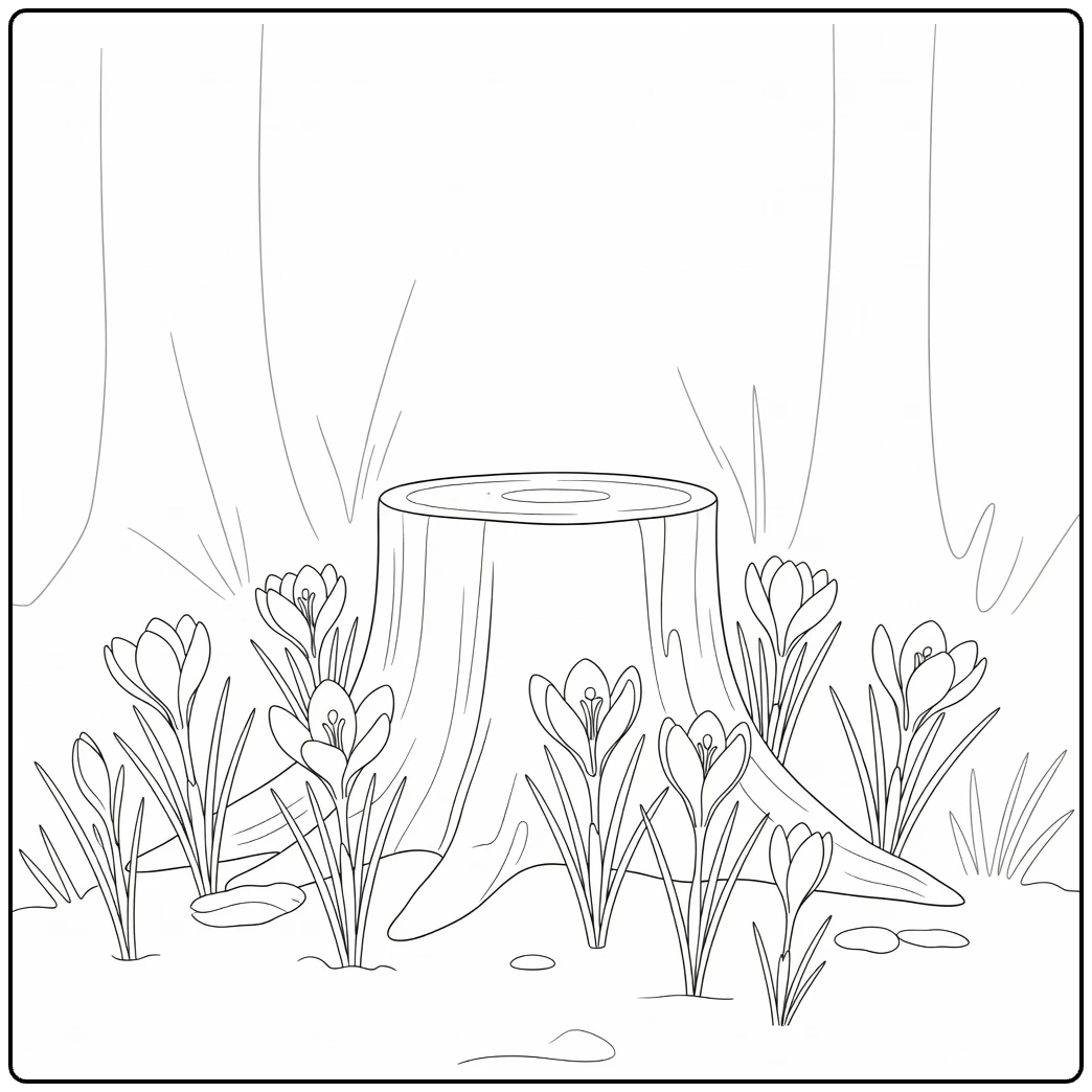 Crocus coloring page featuring flowers around a tree stump