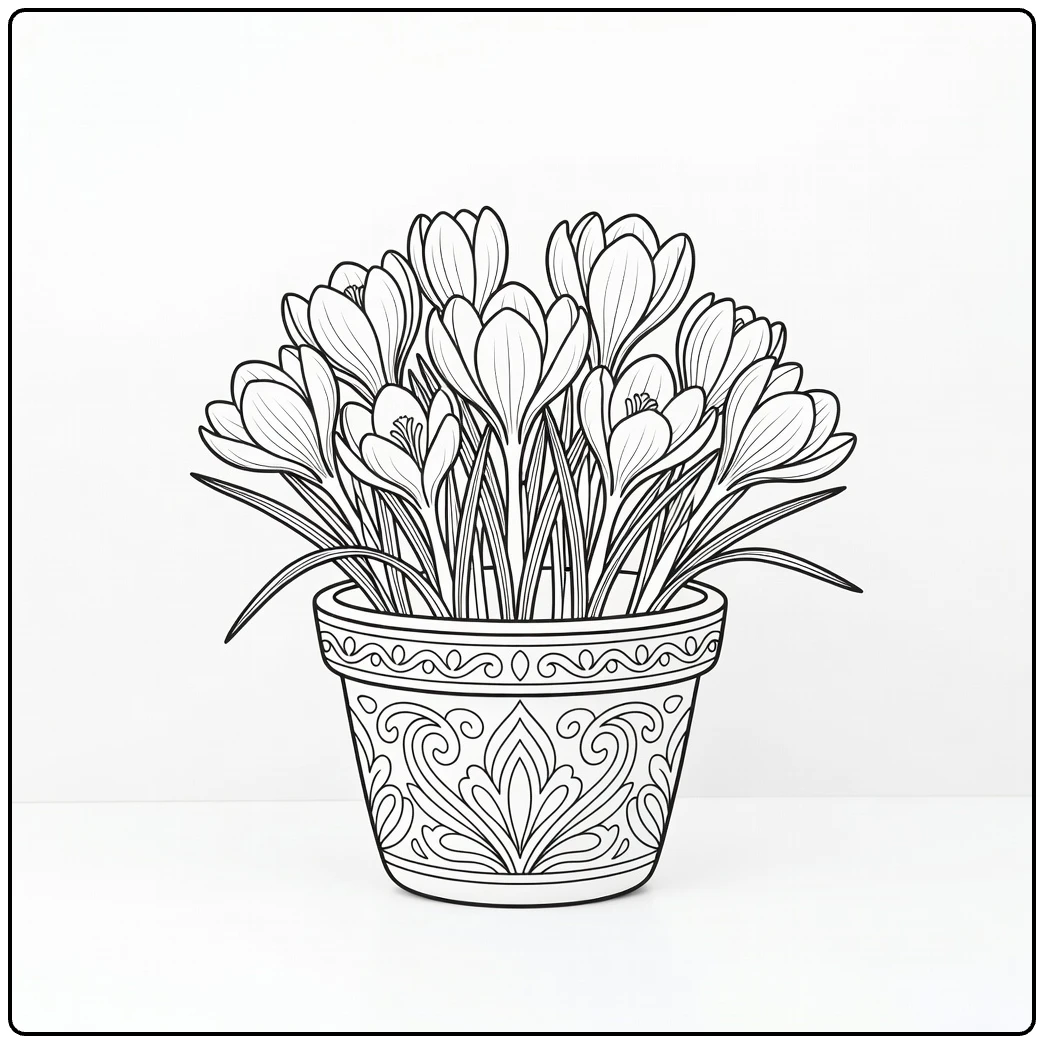 Crocus coloring page showing a decorative pot full of flowers