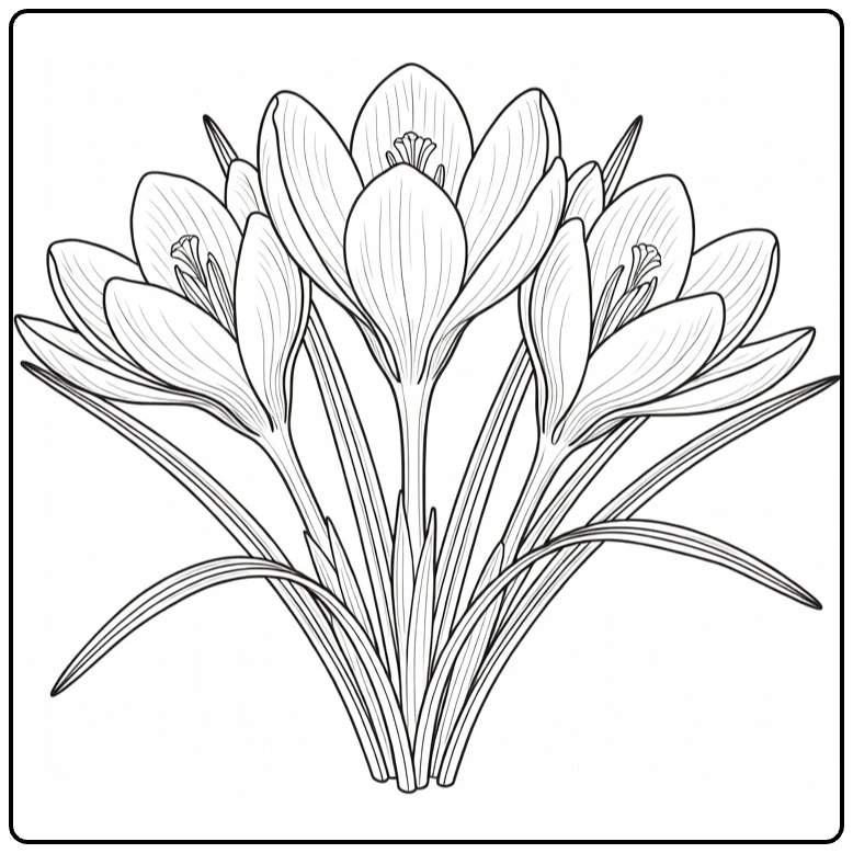Crocus coloring page featuring three open flowers and leaves