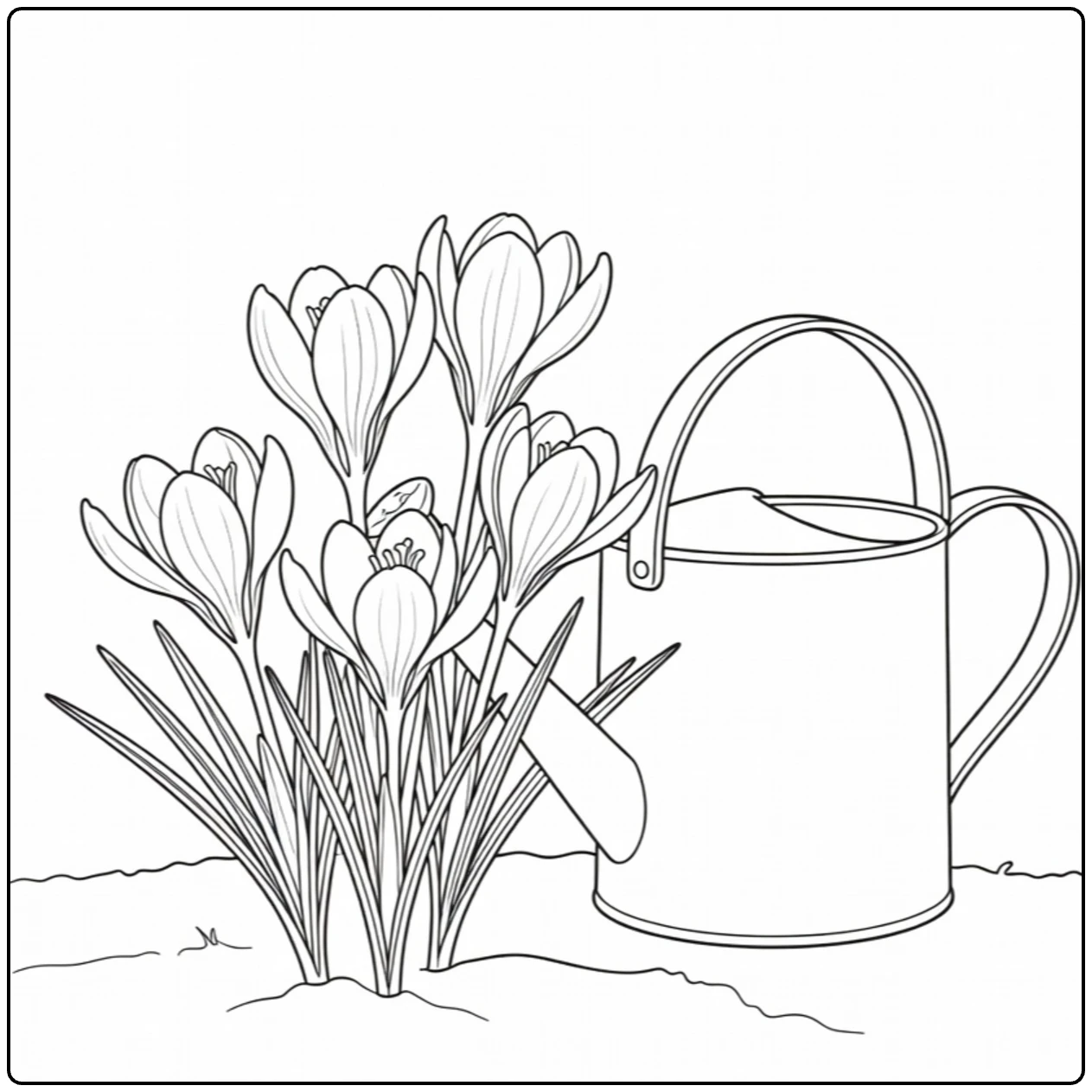 Crocus coloring page with a watering can beside blooming flowers