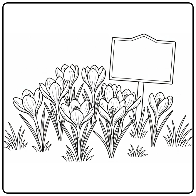 Crocus coloring page showing a flower bed beside a garden sign