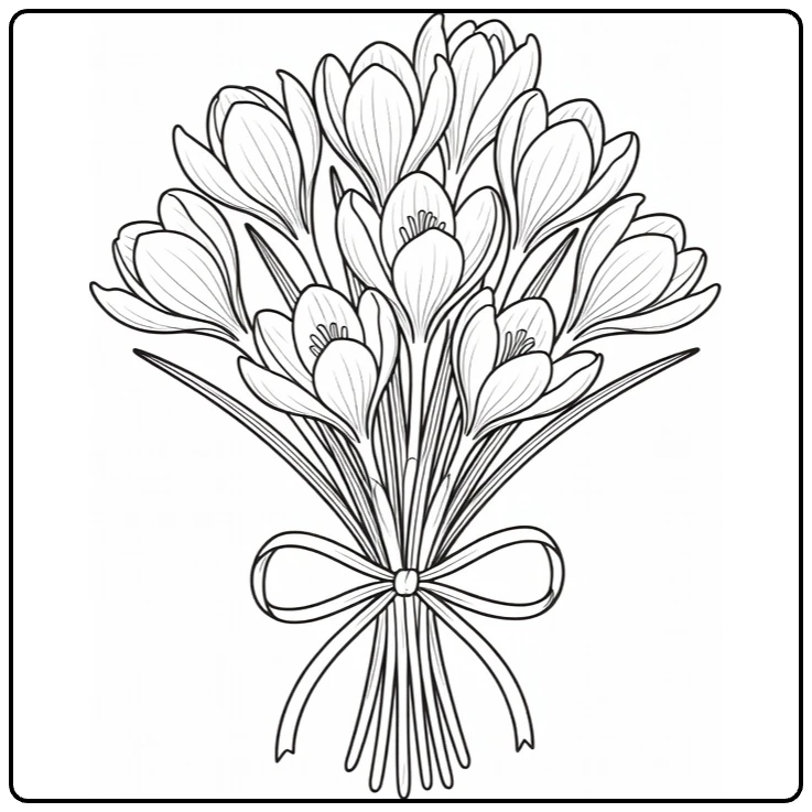 Crocus coloring page featuring a ribbon-tied spring bouquet