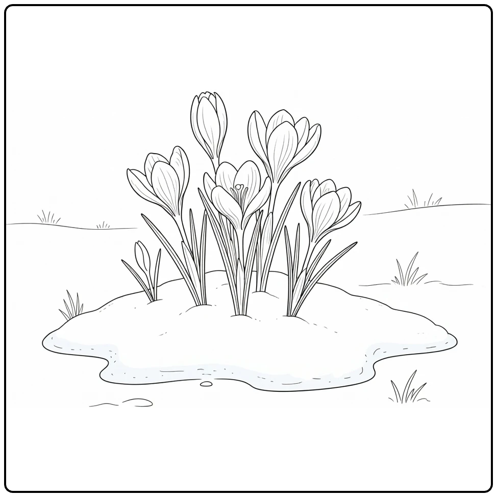 Crocus coloring page featuring flowers growing through melting snow